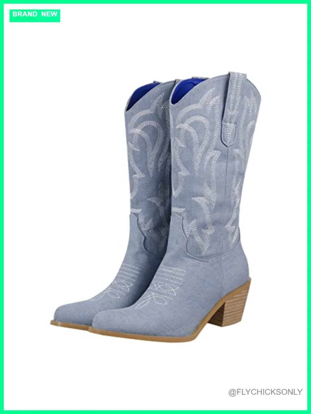 Embroidered Western Boots Pull On Tab Mid Calf Cowgirl Booties Distressed Heel